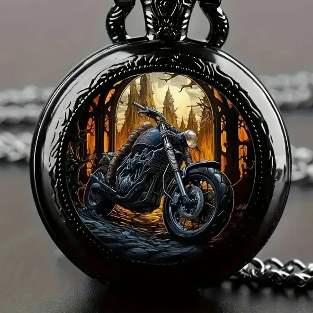 Black Night Rider Motorcycle Pocket Watch